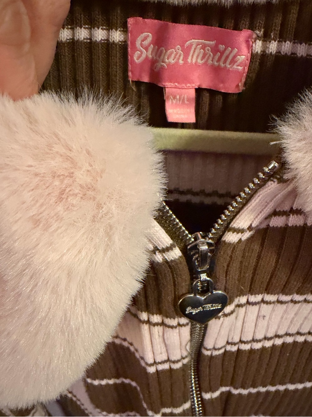 Sugar Thrillz Faux Fur Collar Striped Zip-Up Jacket - Pink & Brown size Md/Large - Picture 7 of 9